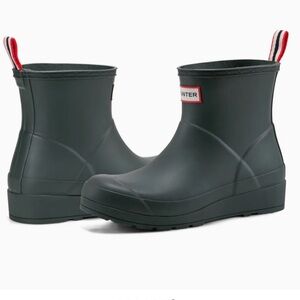 Hunter Matte Dark Green Ankle Rain Boots with Red Trim Pull-Tab